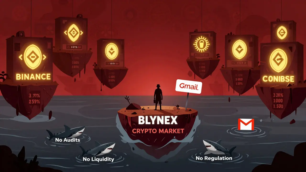 A sinking island labeled Blynex surrounded by giant legitimate exchanges in a vast crypto ocean.