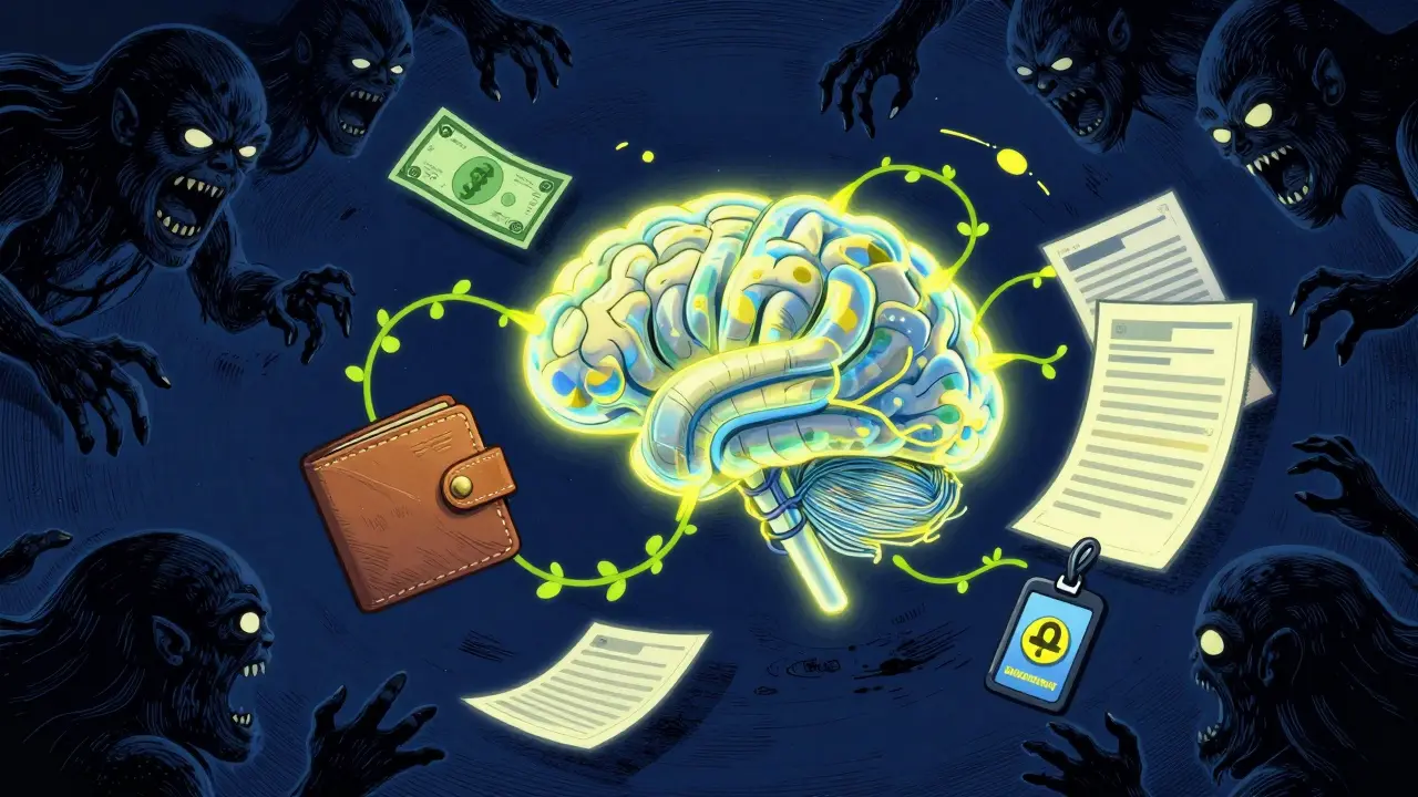 A smart contract brain connecting wallet data to real-world income proofs, with shadowy fake identities trying to break in.