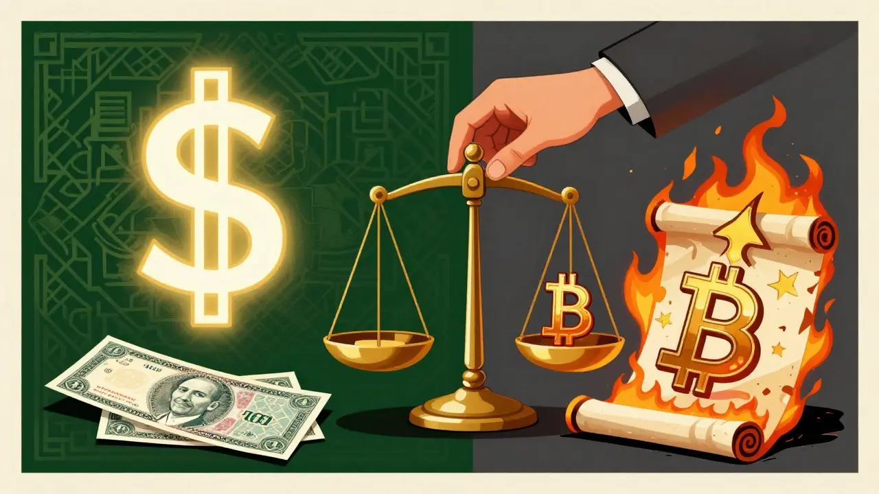 A state-controlled digital dinar contrasts with burning crypto symbols, balanced on a scale beside Islamic financial instruments.