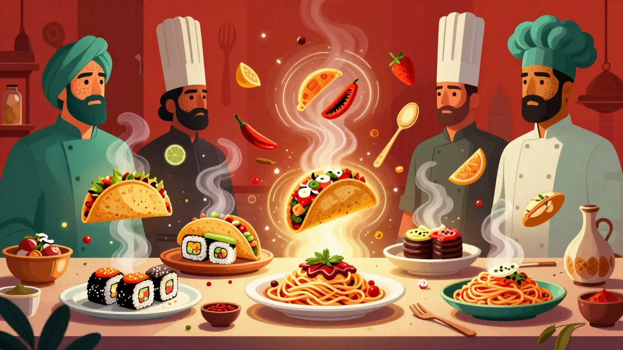 A surreal kitchen where ingredients turn into dishes, surrounded by iconic chef silhouettes.