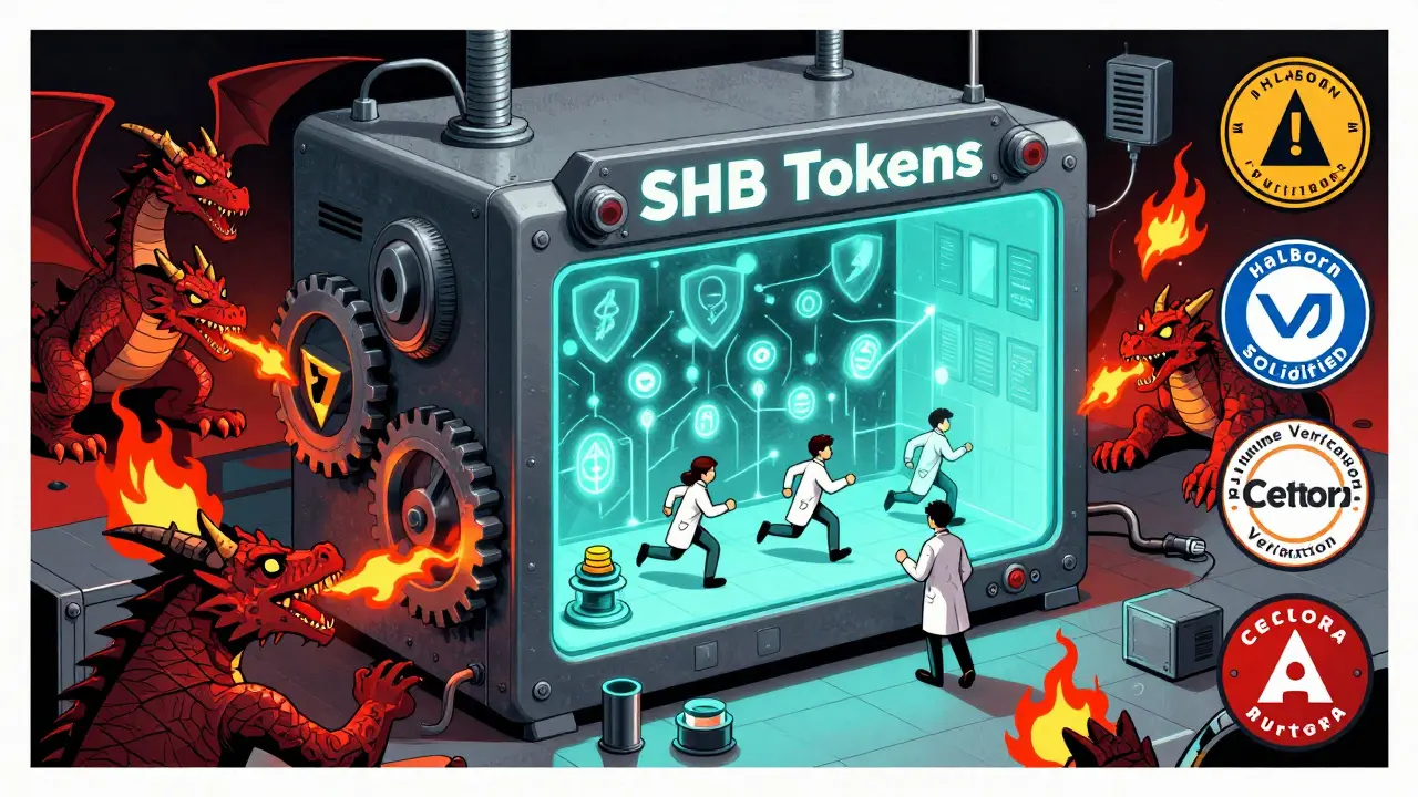 A testnet machine with SHB tokens being stress-tested, guarded by four official audit seals, while scammer dragons attack.