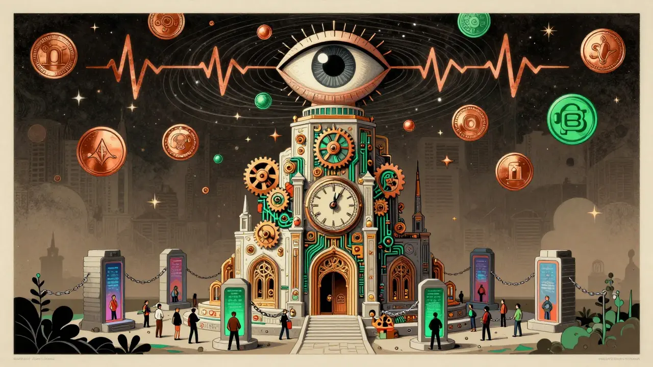 A towering clockwork temple of Cardano and Humanode, guarded by a heartbeat eye, with users bridging chains beneath it.