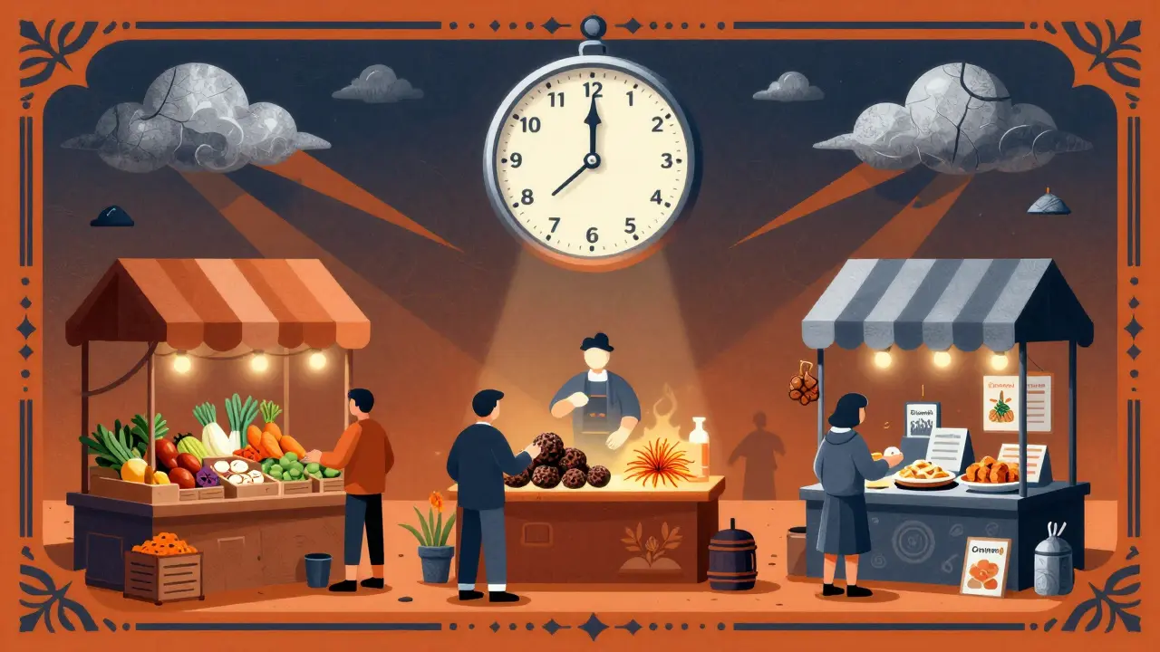 A vibrant marketplace with rare food NFTs and players trading under a looming drought storm.