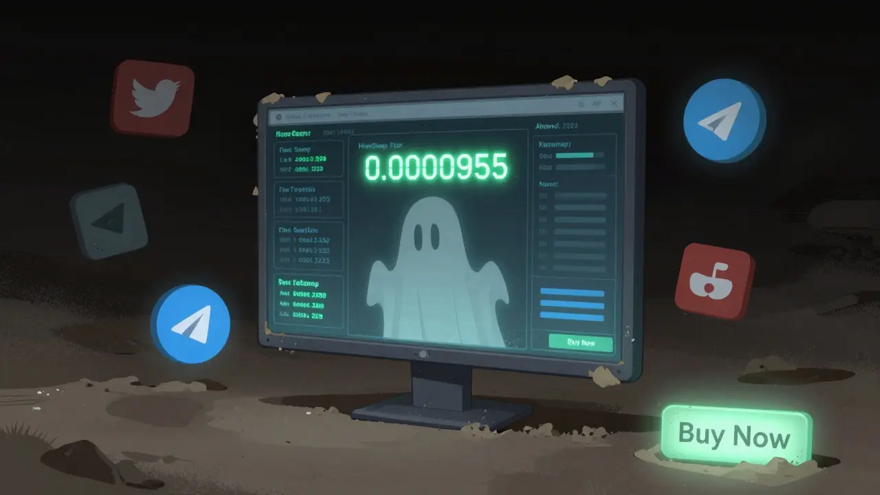 An abandoned crypto dashboard glows faintly with HiveSwap's price, surrounded by frozen social media icons.