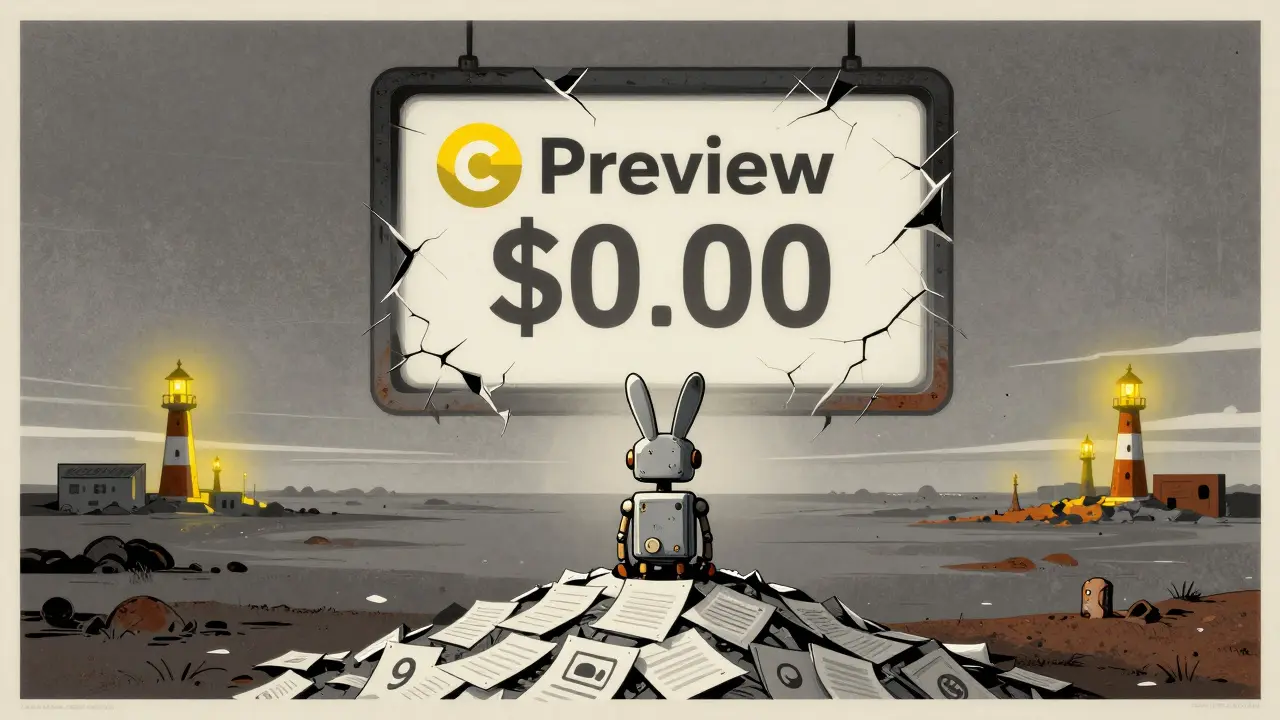 An abandoned rabbit robot in a digital wasteland beneath a cracked CoinMarketCap logo, with real projects shining far away.