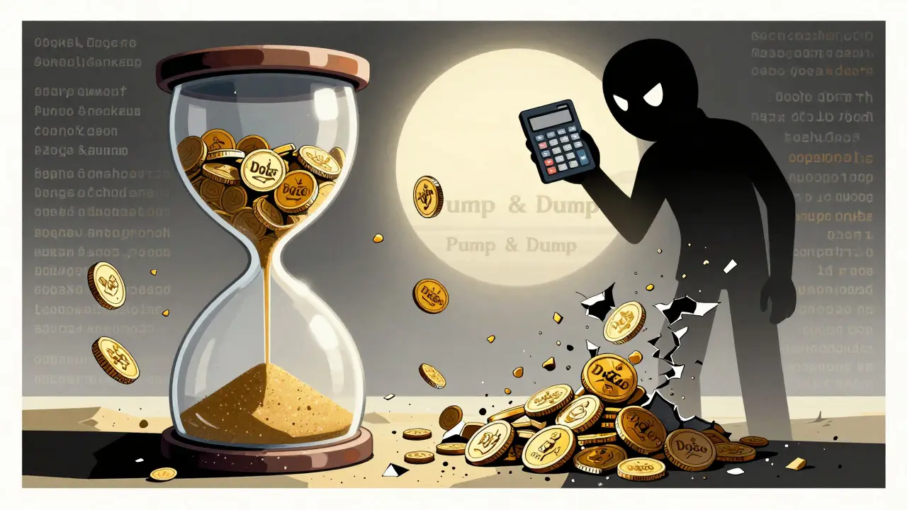 An hourglass filled with DOGECEO tokens drains into nothing, as a faceless figure watches with a calculator head.