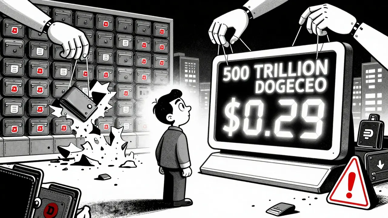 An investor stares at a massive DOGECEO balance showing <h2>Trading DOGECEO is risky - and nearly impossible</h2>.29, while wallets behind them turn to dust.
