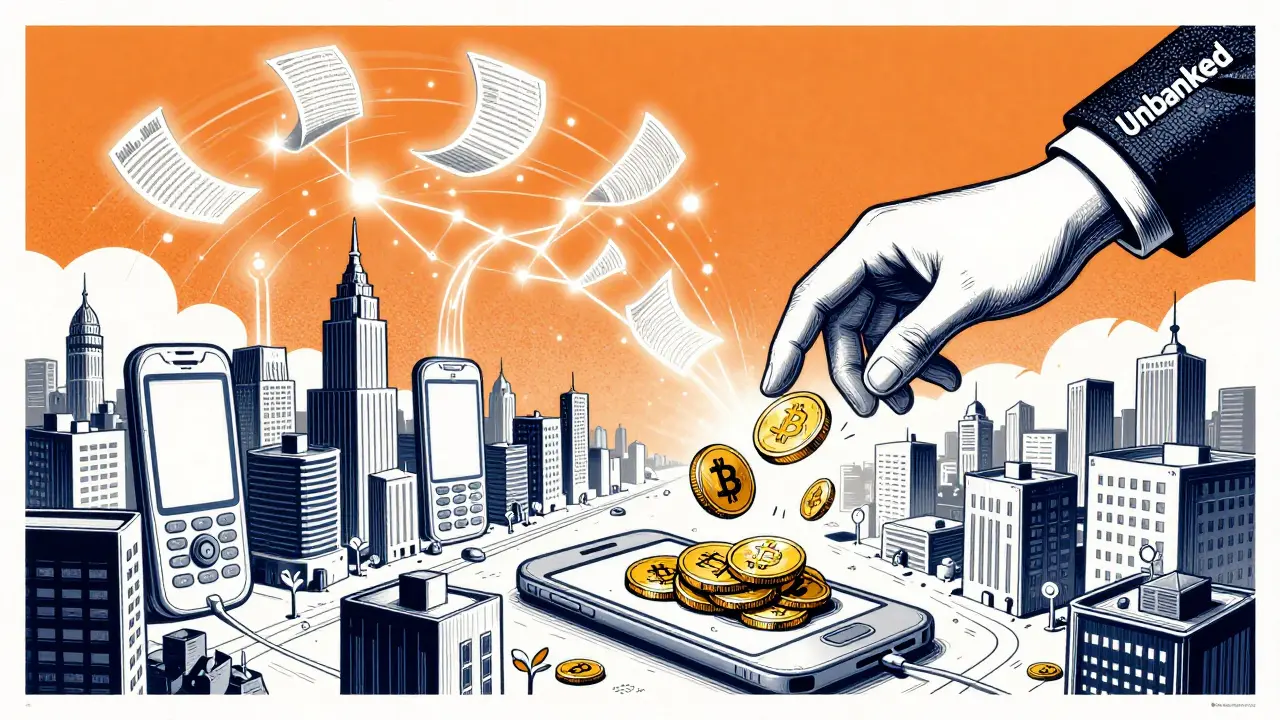 Asian cities rising from phones, with stablecoins spiraling into a DeFi constellation as an unbanked hand catches a coin.