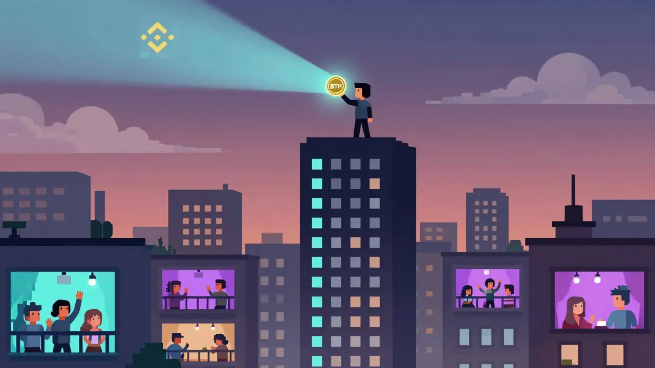 Avatar atop leaderboard holding BTH token, beam pointing to future exchange in distant clouds.