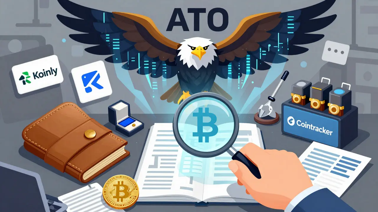 Chaotic crypto desk with ATO eagle watching, magnifying glass over blockchain ledger.