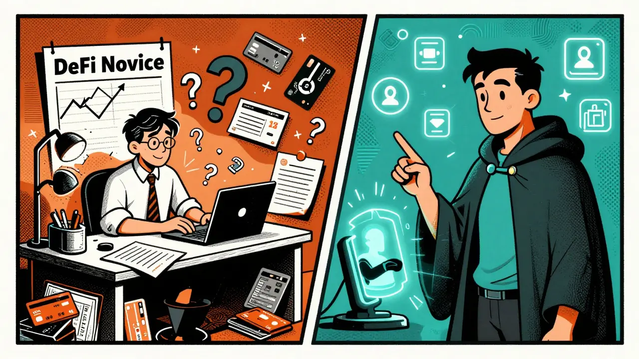 Contrasting scenes of a confused trader versus a confident DAO voter, with Humanode biometric verification glowing in the background.