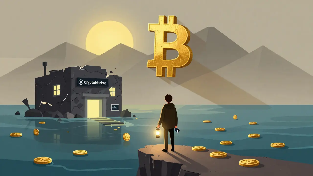Figure holding a hardware wallet on a cliff, facing a fading exchange building under a rising Bitcoin-shaped sun.