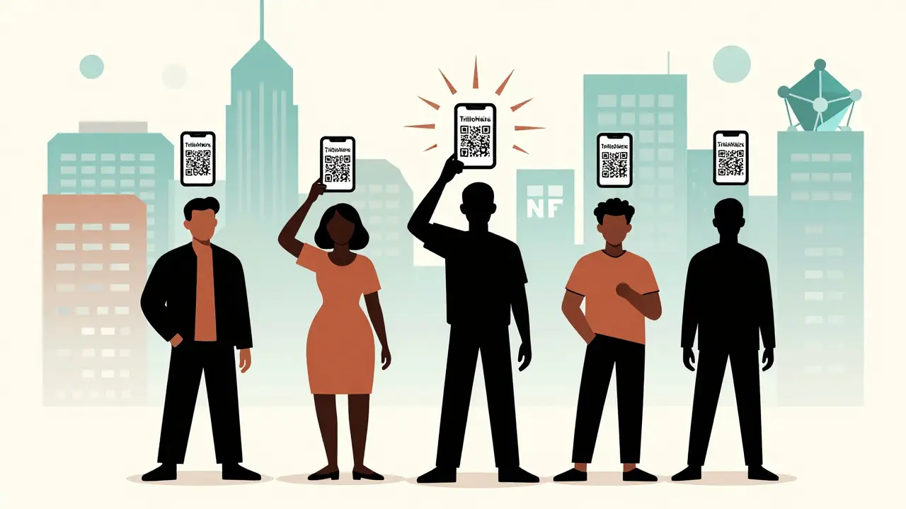 Five silhouetted people holding smartphones connected to floating TrillioHeirs NFTs above a merged city and metaverse landscape.