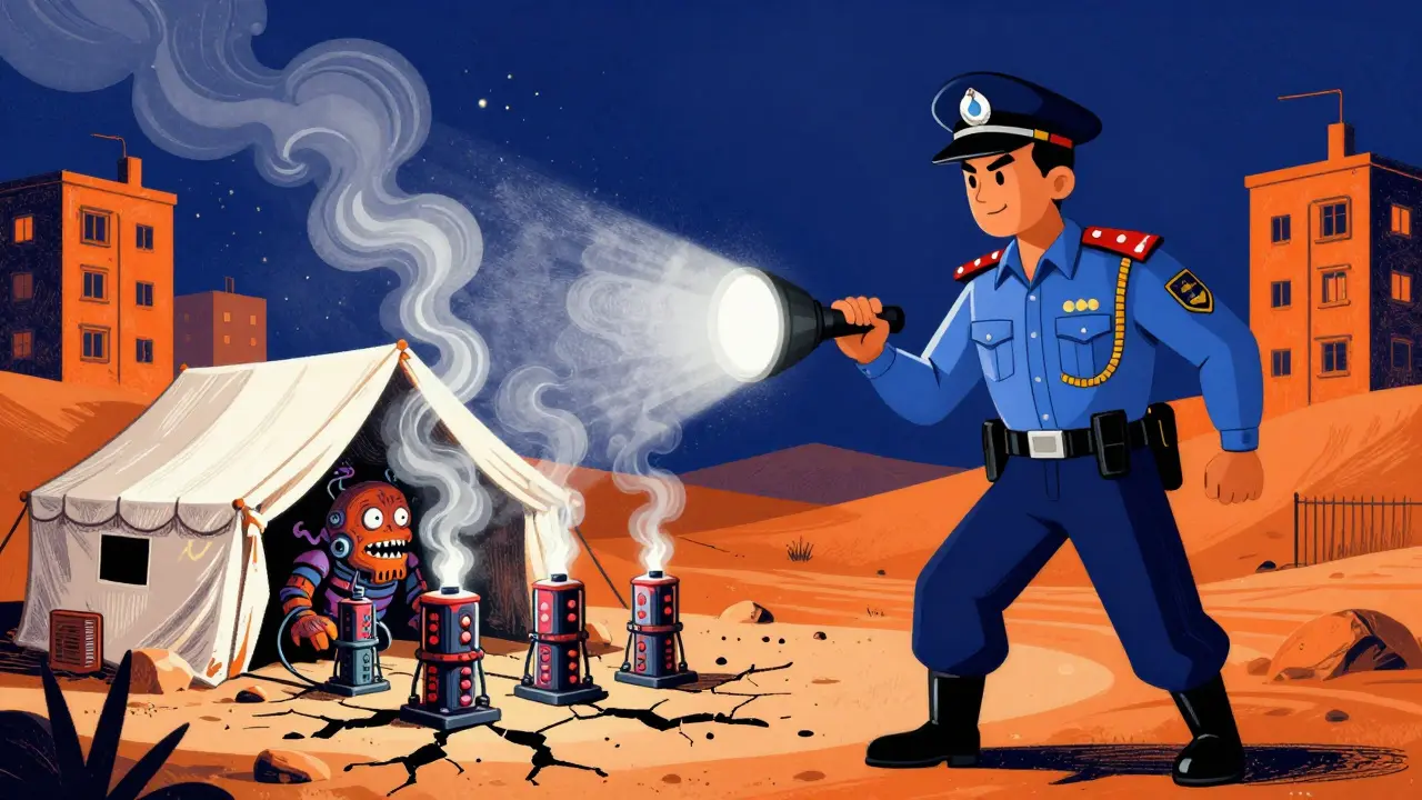 Police flashlight reveals hidden crypto mining rigs in desert tents and buildings, spewing smoke and electricity.