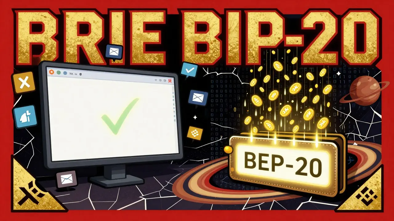 Quiz completion scene with tokens raining into a BEP-20 wallet, framed by cosmic binary patterns.