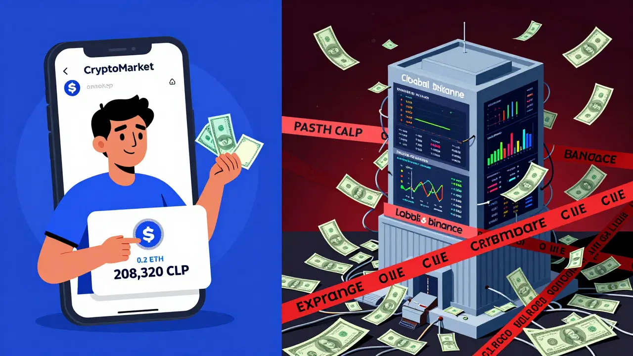Split illustration: simple local crypto app vs. complex global exchange with currency barriers and tangled wires.