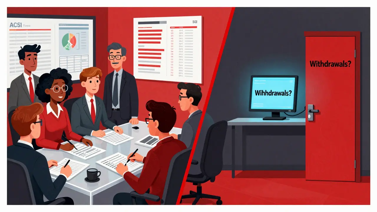 Split image: transparent, trustworthy finance vs. empty room with a locked door labeled &#039;Withdrawals?&#039;