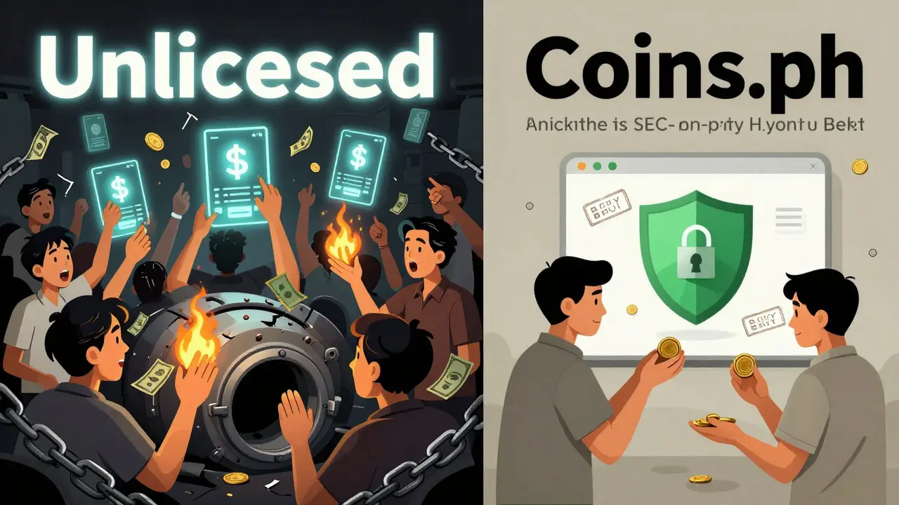 Split scene: chaotic VPN users losing money vs. calm users safely trading on a licensed crypto platform.