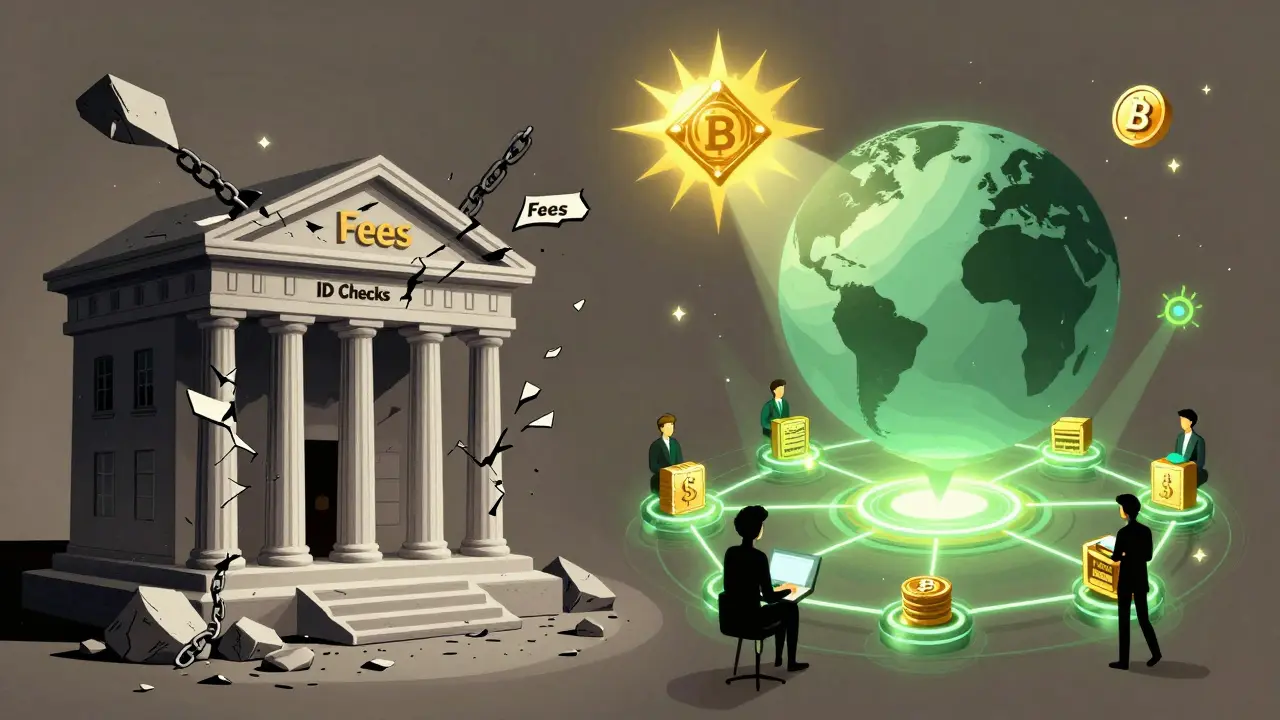 Split scene: crumbling bank vs glowing DeFi network, with tokenized assets and AI agents connecting global users.