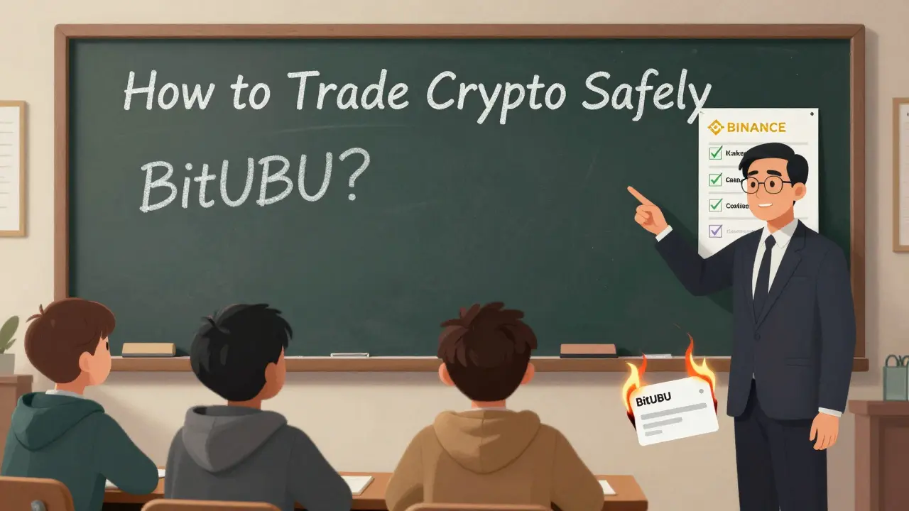 Students stare at a blank chalkboard with 'BitUBU?' scribbled, while safe exchanges glow on a poster.