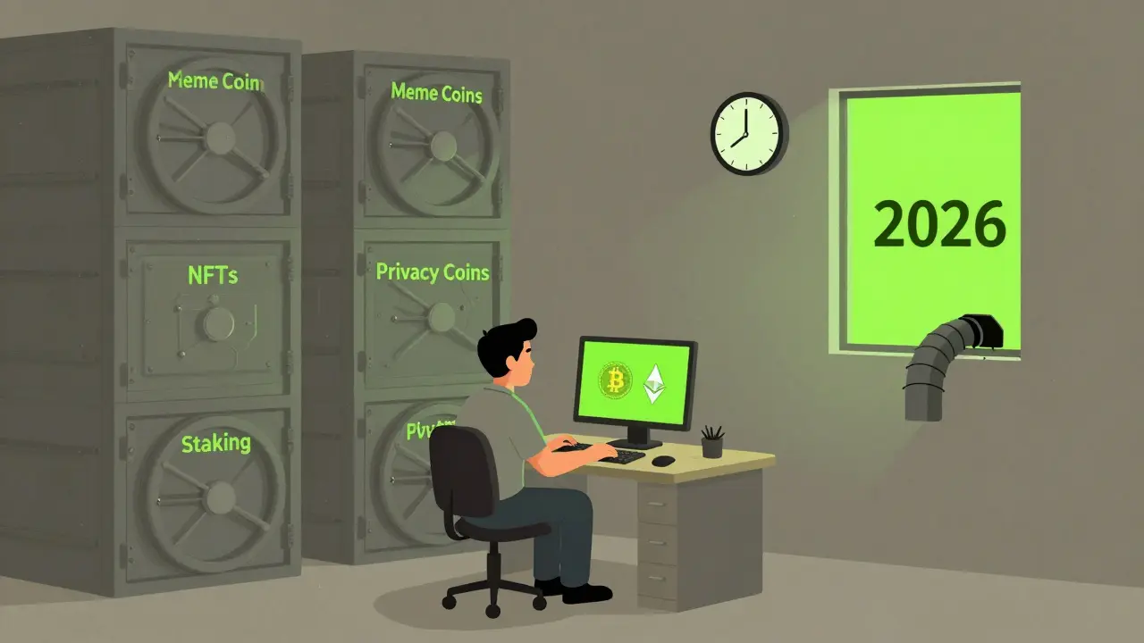 Thai trader with only Bitcoin and Ethereum on screen, surrounded by locked forbidden crypto assets.