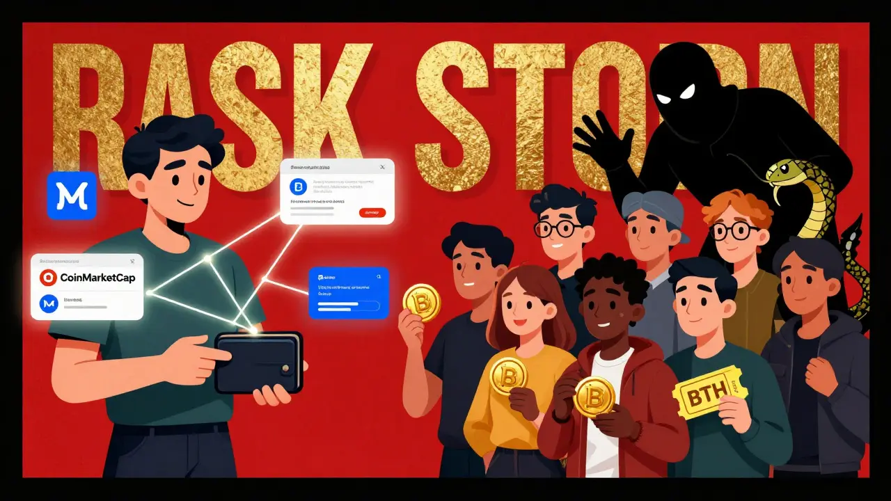 User linking wallet safely while others hold BTH tokens, shadowy scammer lurking behind.