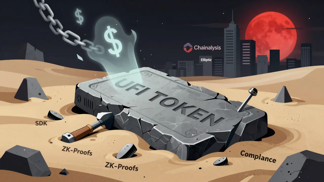 A broken UFI token tablet lies amid fading crypto tools, while rival compliance firms tower above.