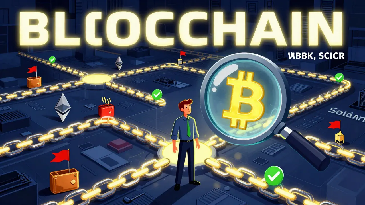 A compliance officer inspecting interconnected blockchain bridges, with red flags marking suspicious transactions.