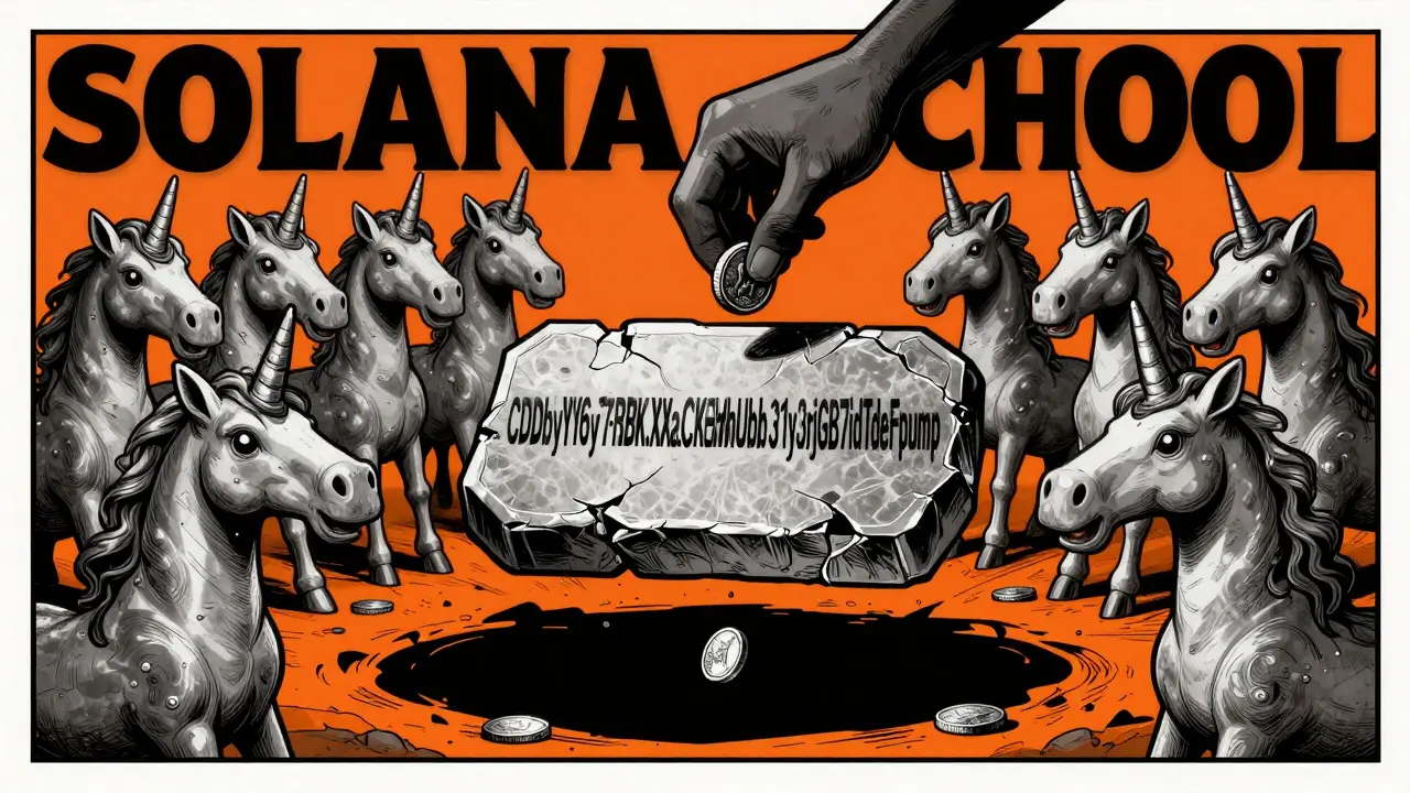 A cracked stone tablet with a crypto contract address, surrounded by fake unicorn clones, in high-contrast poster style.