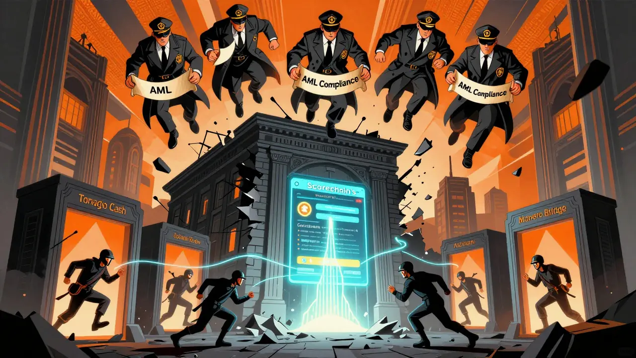 A crumbling crypto exchange under regulatory scrutiny, while a glowing dashboard traces illicit cross-chain flows.