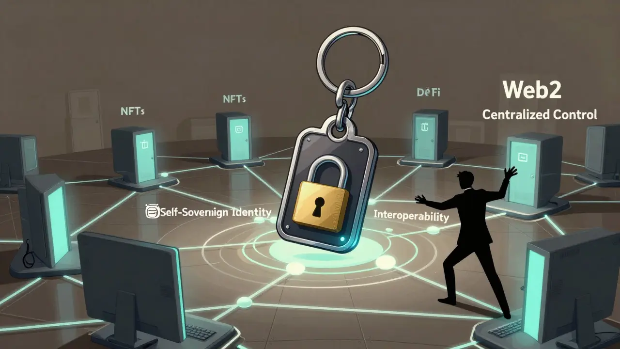 A digital keychain unlocks doors to Web3 freedoms while a shadowy figure tries to lock down Web2 control.