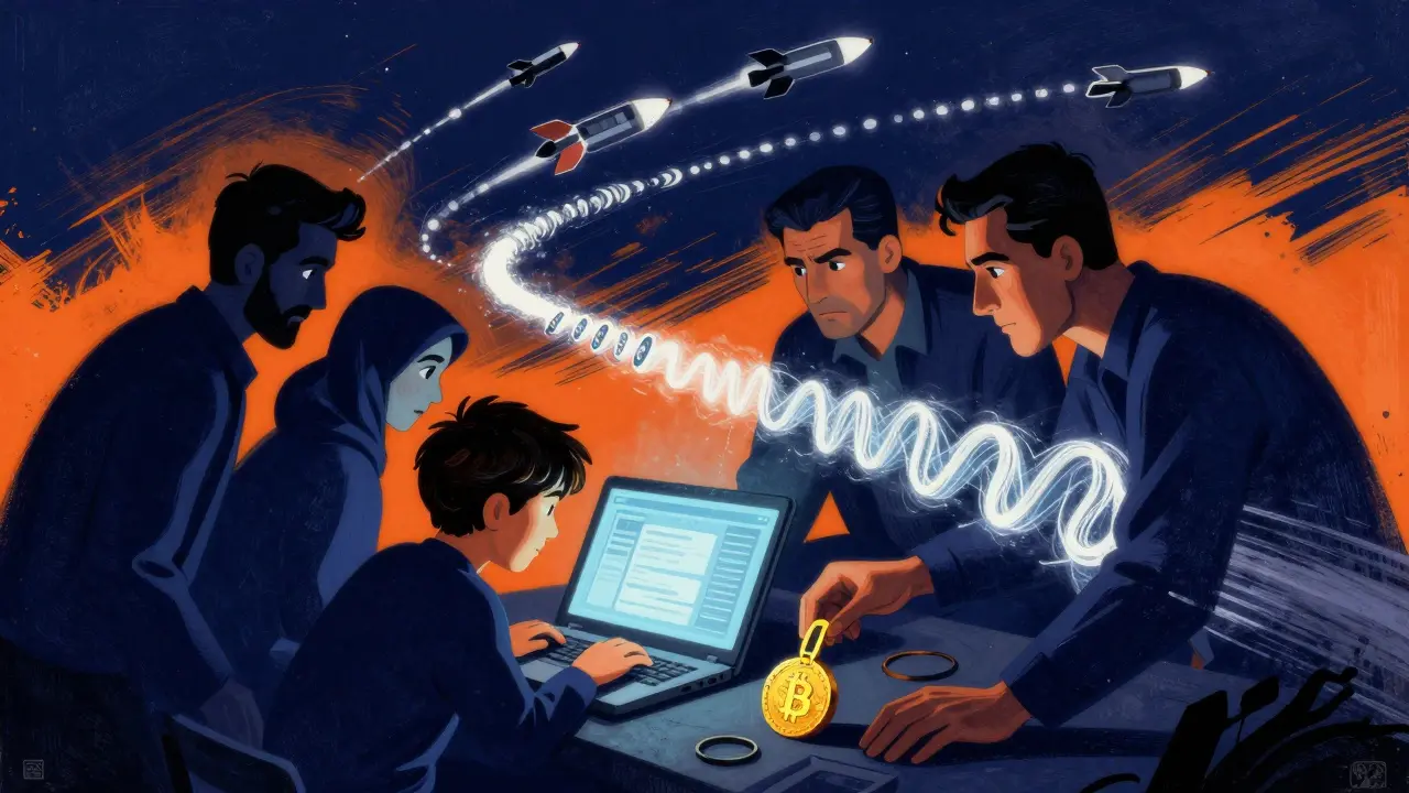 A family transfers Bitcoin through a glowing tunnel as missile trails streak across the sky.