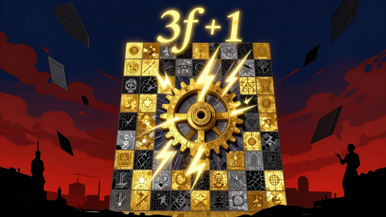A glowing blockchain mosaic with golden and black nodes, the equation '3f + 1' glowing above, rendered in symbolic Polish poster style.