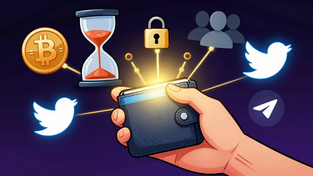 A hand holds a wallet surrounded by five symbolic tasks in vibrant, stylized poster art.