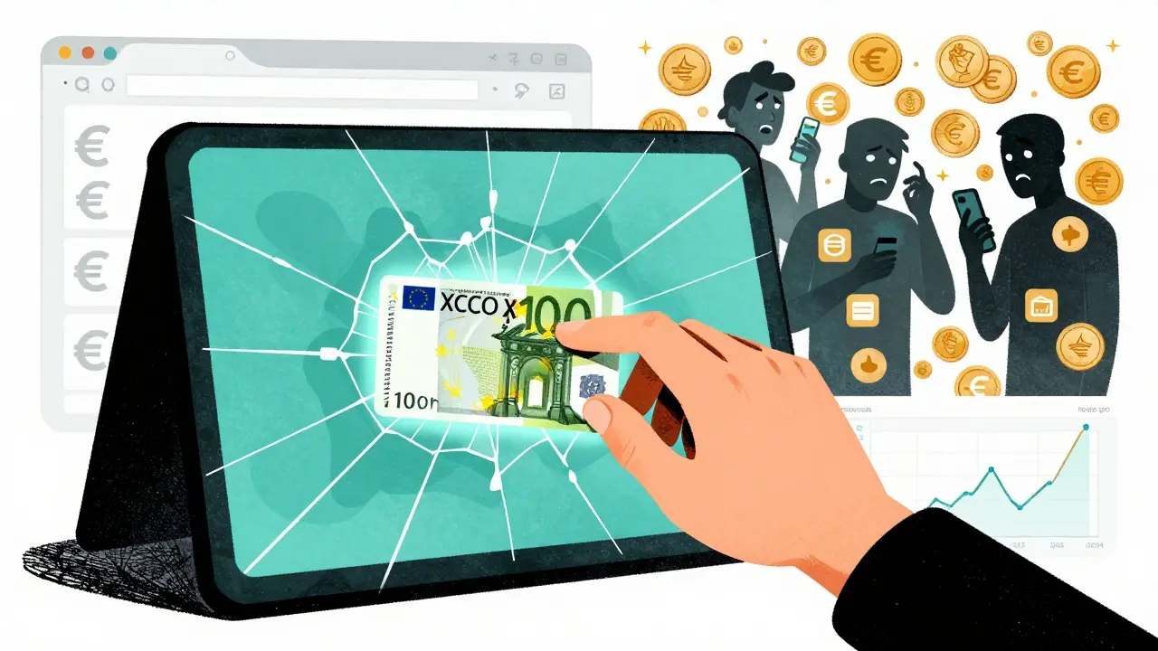 A hand withdrawing euros from a cracked screen while mobile app users are blocked behind, in stylized poster art.