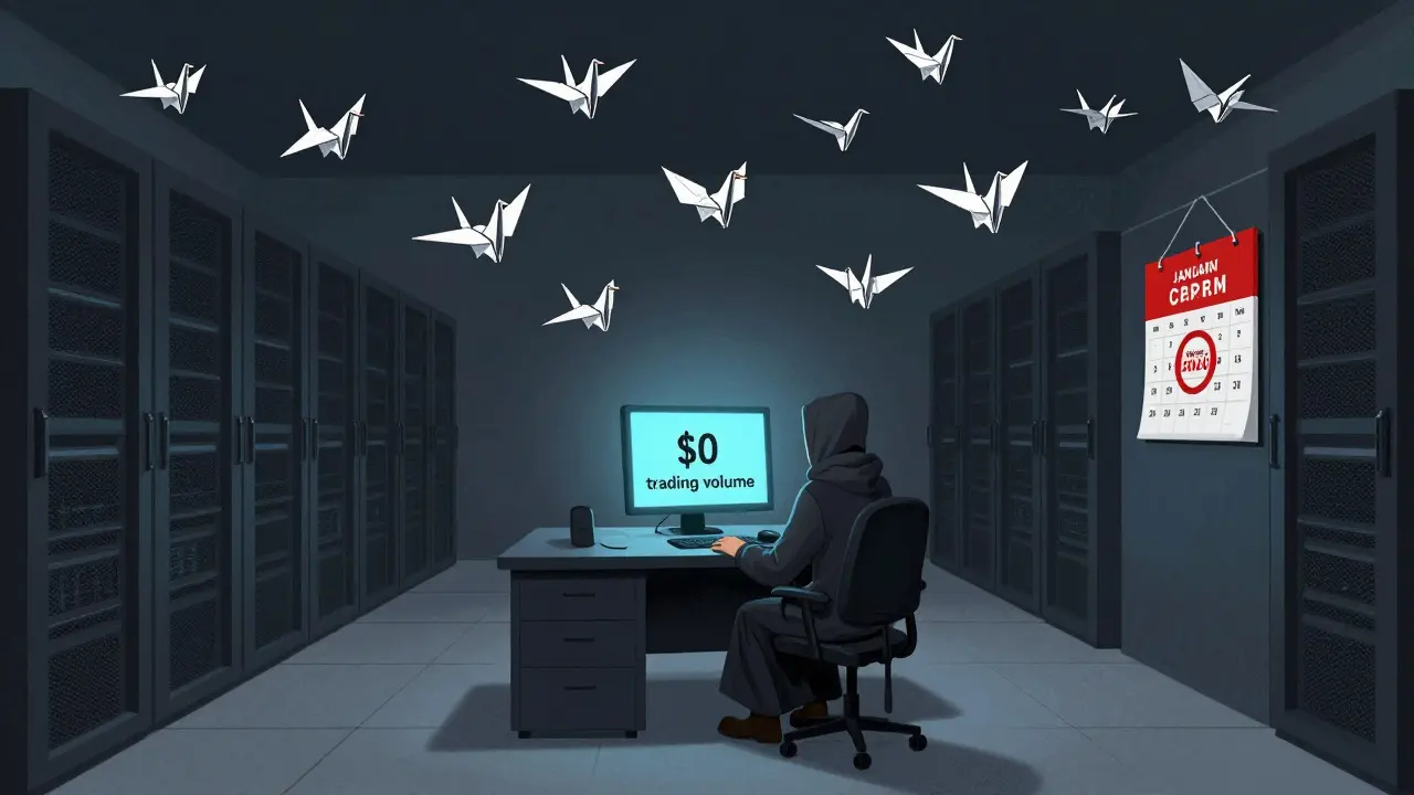 A lone figure stares at a <h2>Future of PureFi: Hope or Hallucination?</h2> trading volume screen in an empty server room, surrounded by drifting blockchain cranes.