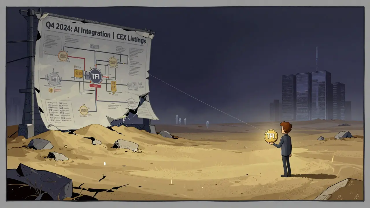 A lone MetaMask wallet holds a TFI token in a desolate digital wasteland, with a crumbling roadmap fading into mist.