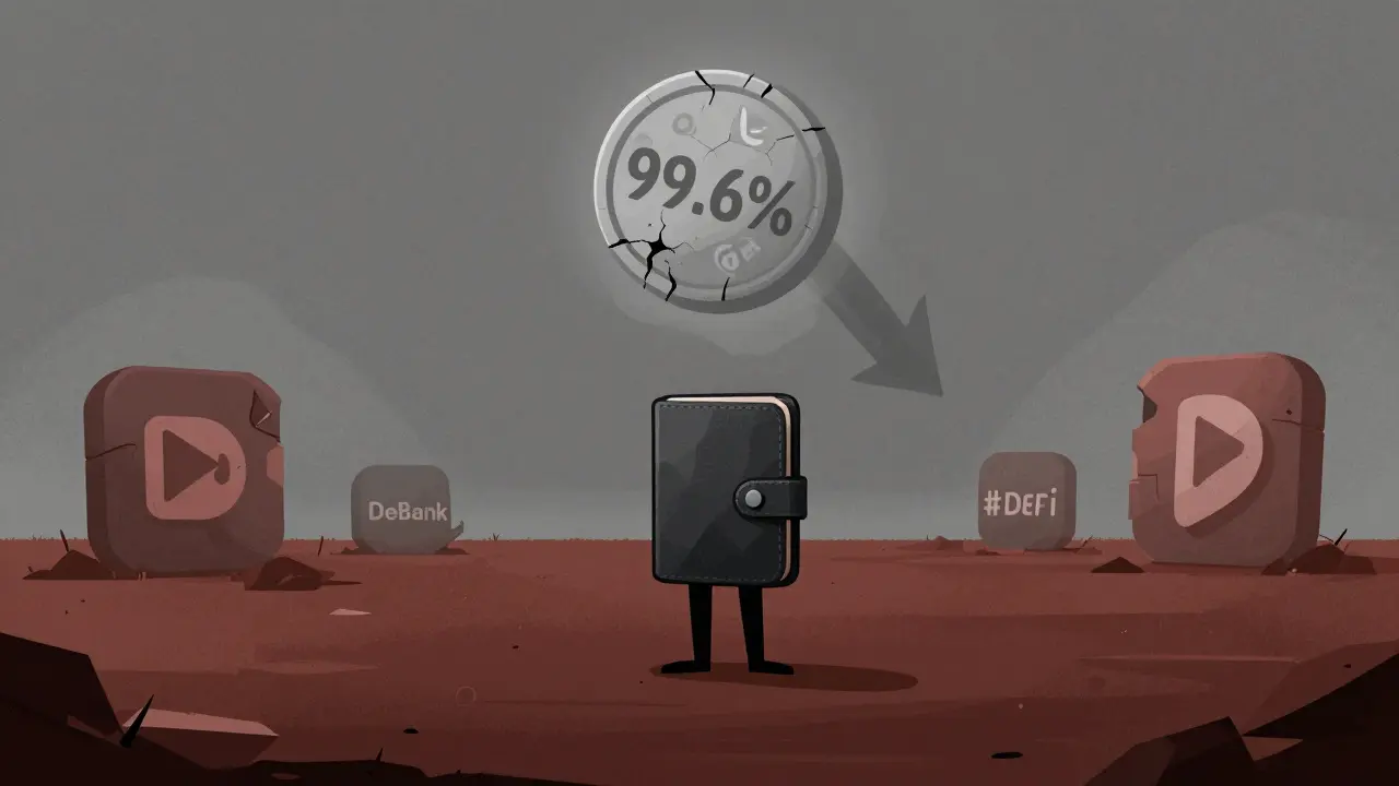 A lone Solana wallet surrounded by fallen DeFi platforms, with a ghostly SONAR token above.