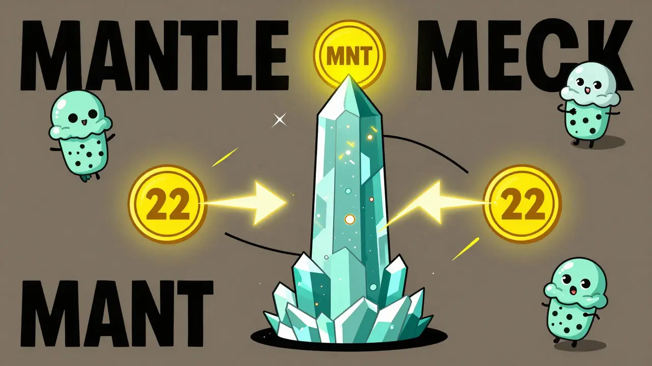 A MetaMask wallet connected to a crystalline Mantle tower, with fast transaction arrows and floating Ice Cream Zombie NFTs.