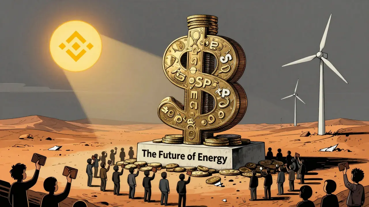 A monument of SEP coins in a wasteland, overshadowed by Binance’s logo, while a real wind turbine stands distant and functional.