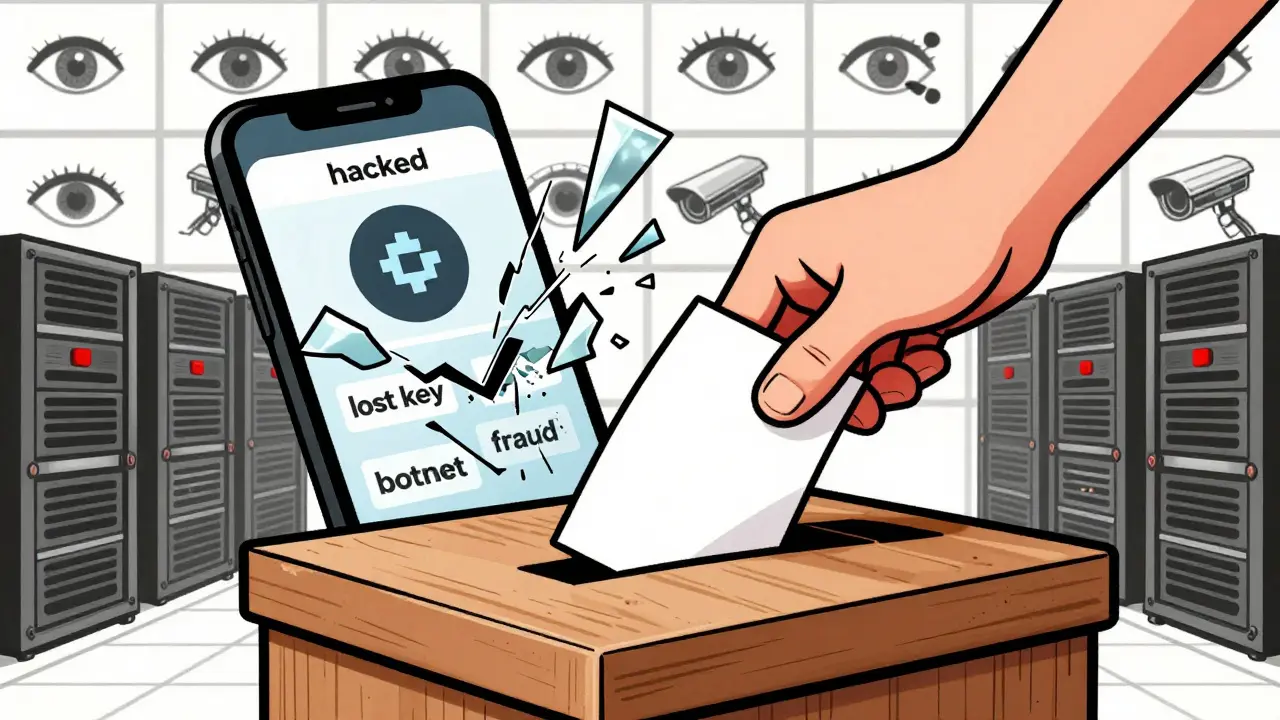 A paper ballot is placed in a wooden box as a digital voting app shatters into fragments labeled with cyber threats.