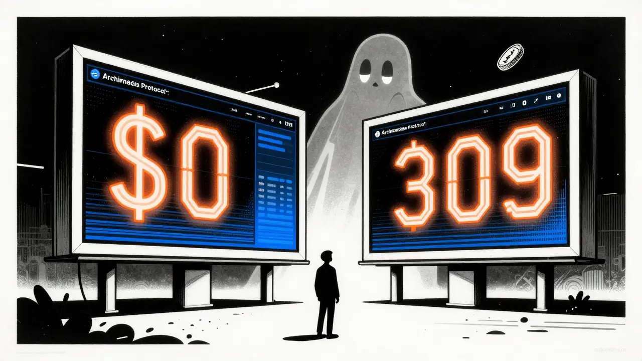 A person facing a billboard with conflicting ACMD prices, surrounded by fading tech elements in high-contrast Polish poster style.