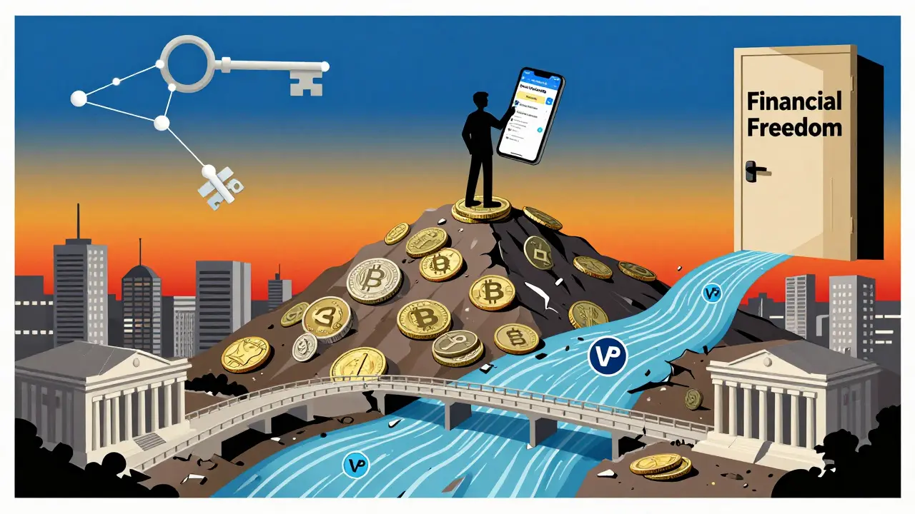 A person stands on discarded digital rial coins, holding a verified Telegram bot as crypto flows through a broken city.