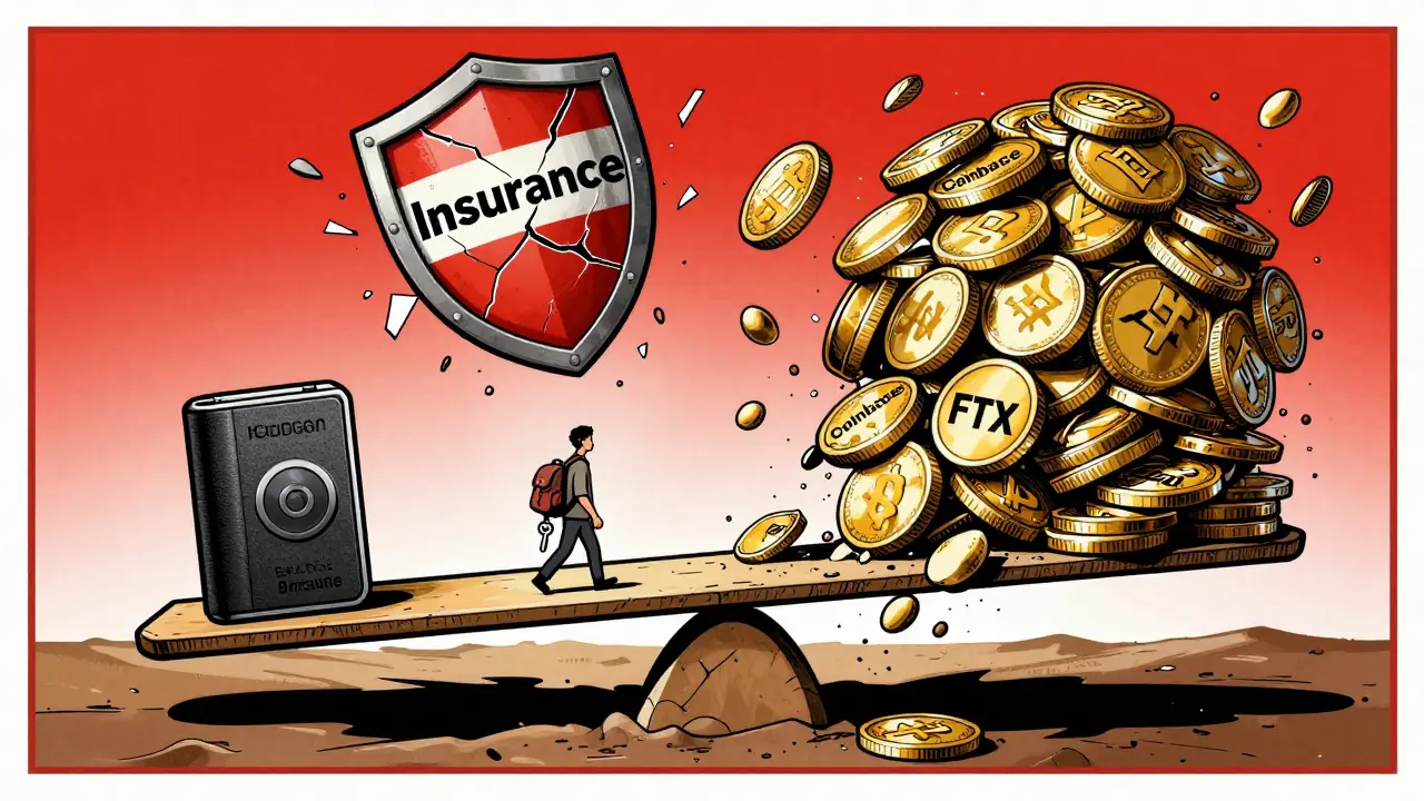 A scale collapses under heavy exchange coins, while a small hardware wallet stands firm, in dramatic poster art style.