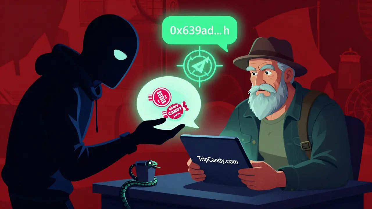 A scammer offering fake tokens while a traveler books safely on TripCandy.com