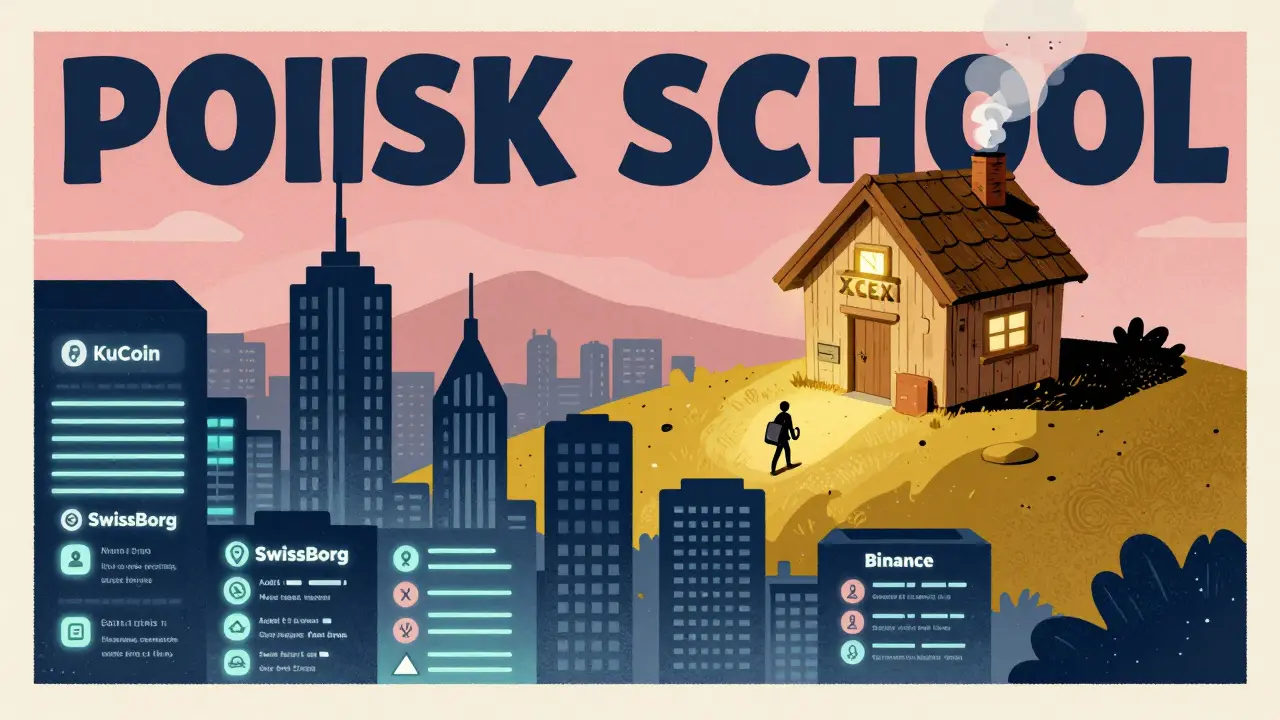 A small house labeled XCOEX on a hill beside a giant crypto exchange city, with a figure walking away toward better options.