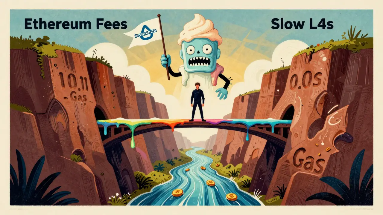 A user balanced on a liquidity bridge between high fees and slow networks, with a giant Ice Cream Zombie waving a Swapsicle flag.