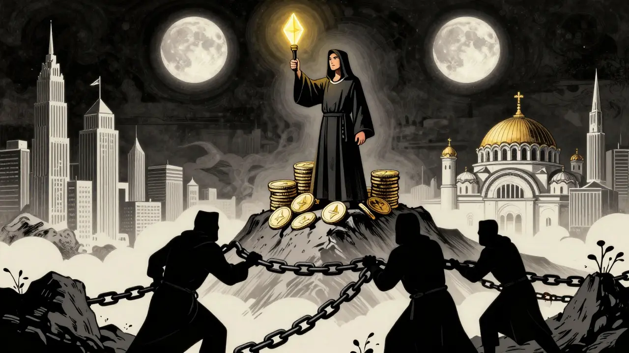 A validator holding a stake torch above ETH coins, shadowy saboteurs below, in a surreal Byzantine-futuristic landscape with three moons.