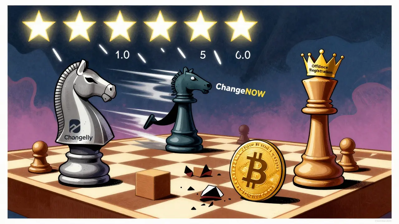 Abstract chess game where crypto platforms are pieces: Changelly as a knight, ChangeNOW as a bishop, ChangeHero as a crumbling pawn over a blockchain board.