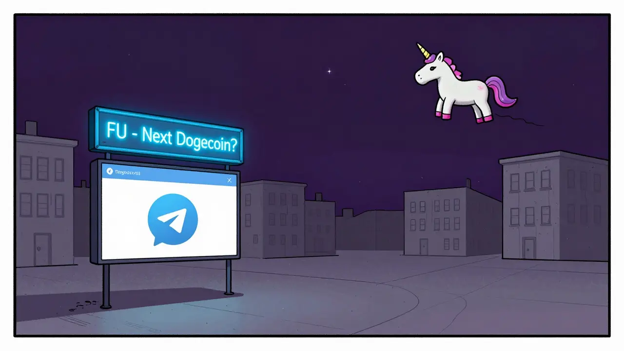 An empty digital town with a fading FU sign and a deflated unicorn balloon drifting into darkness.